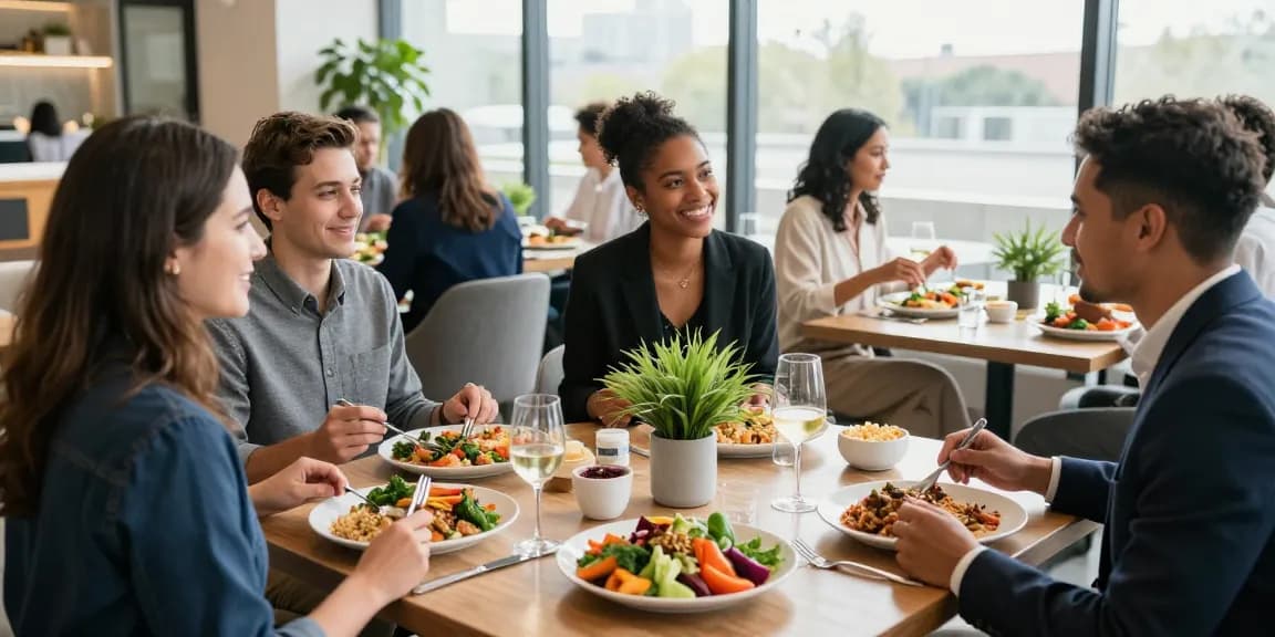 Medewerkers genieten van een gezonde lunch aangeboden door een bedrijfscateraar in een moderne eetruimte.