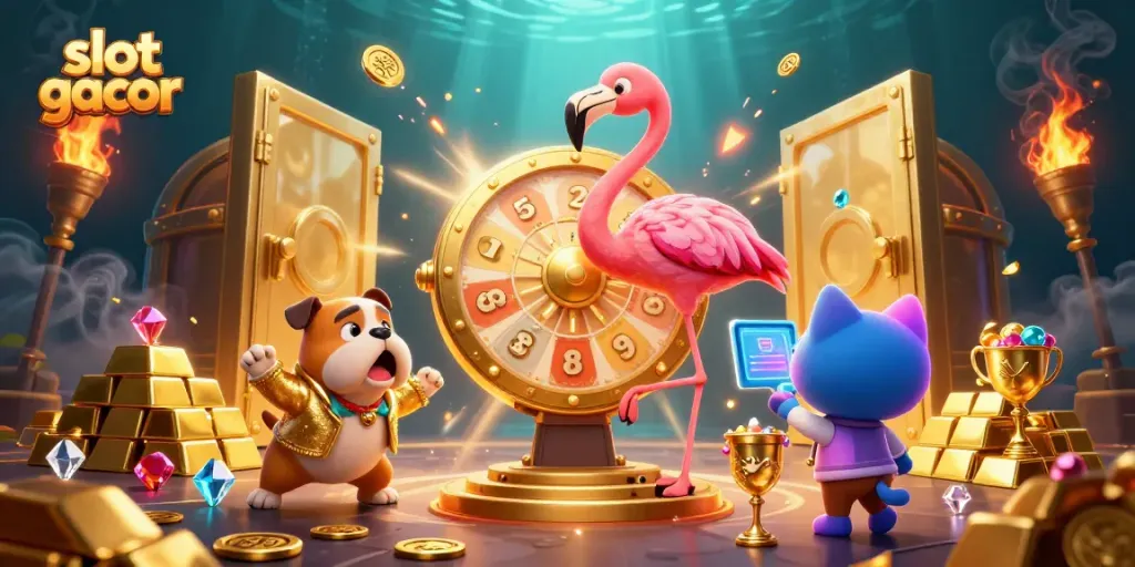Experience excitement with slot gacor action as a flamingo host spins a prize wheel in a vibrant casino scene.