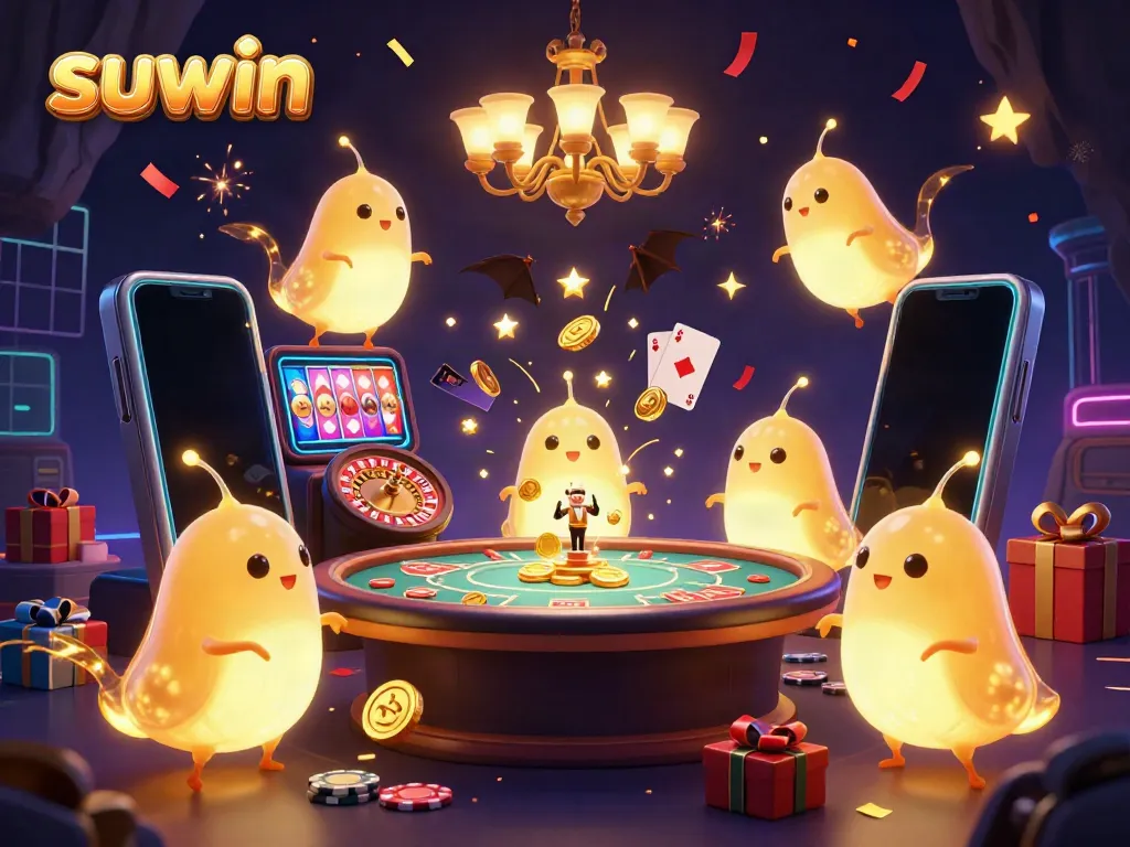 Experience suwin's vibrant cave casino with animated glowworms and a bat dealer surrounded by games.
