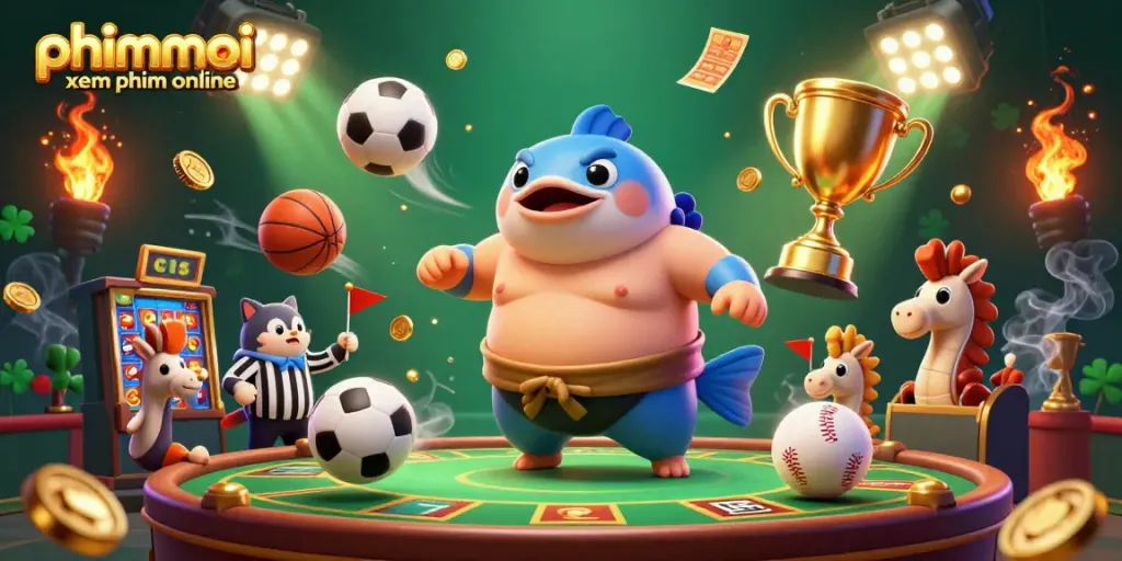 Experience phimmoi xem phim online in a vibrant underwater casino scene, featuring a fugu and catfish amidst dynamic gambling elements.