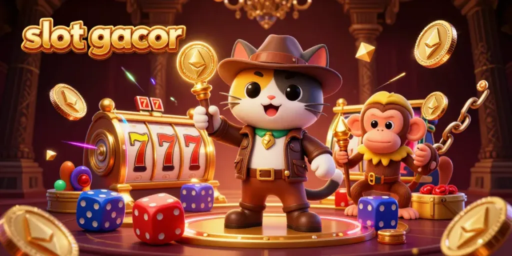 Experience slot gacor action in a vibrant casino temple with a dynamic exploring cat.