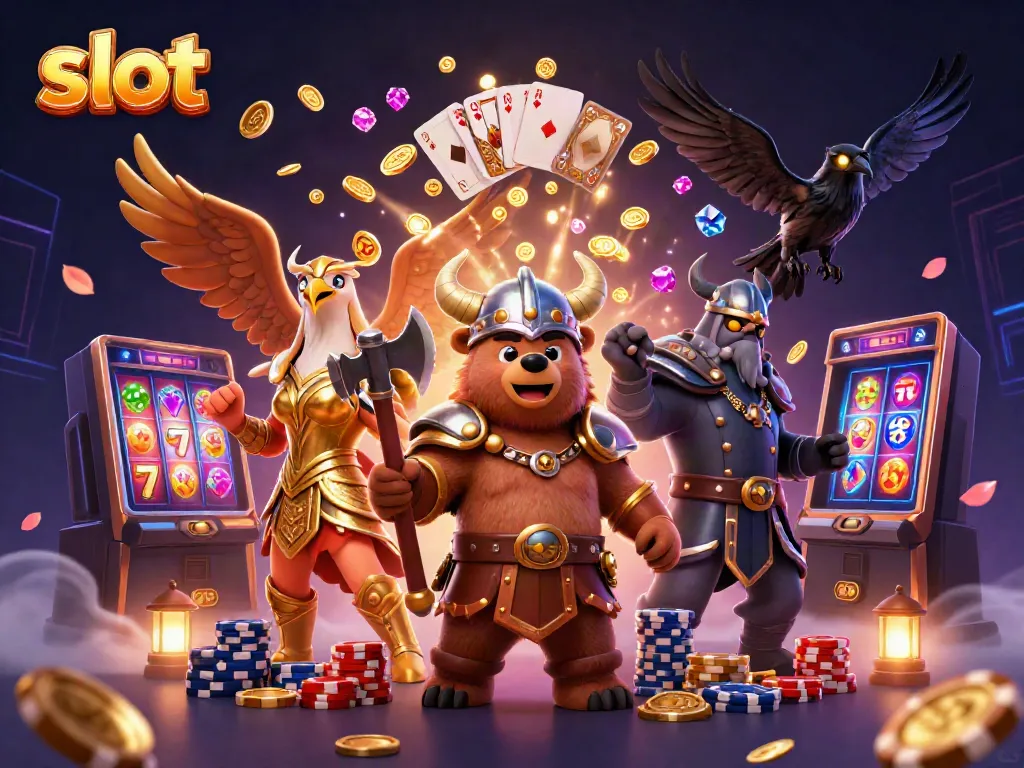 Experience thrilling slot action with Viking legends and golden treasures in this vibrant casino illustration.