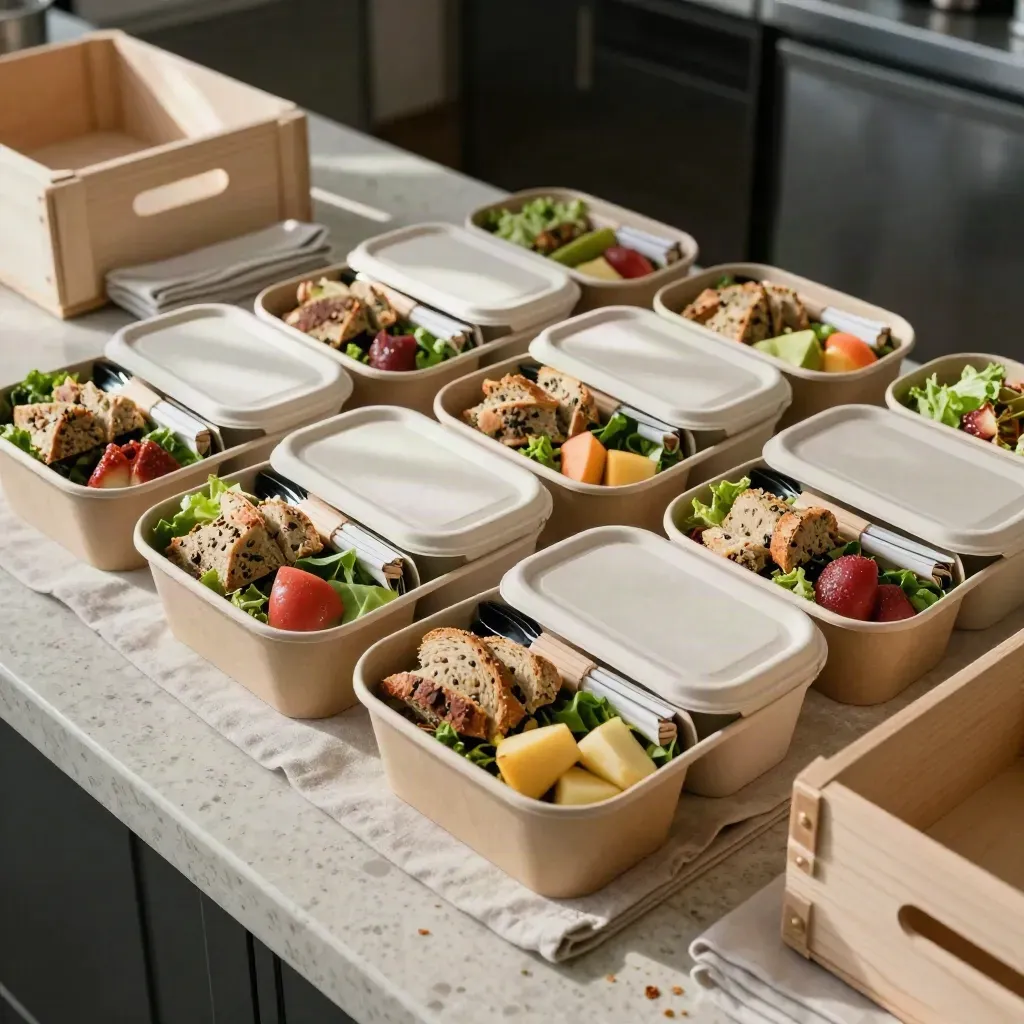 Strakke bovenaanzicht van lunchboxen met brood, salade, fruit en bestek op travertin.