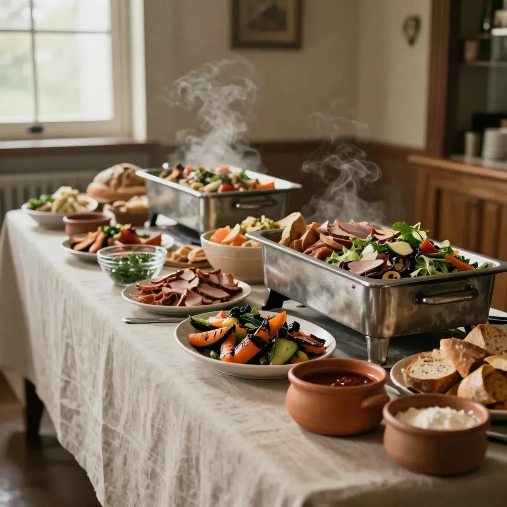 Warm buffet met gegrilde groenten, salades, brood, vleeswaren en dampende schalen.