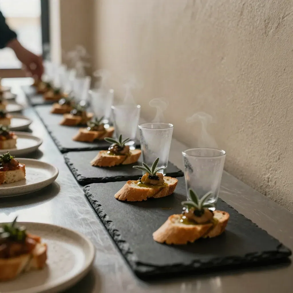 Kleine walking dinner-gangen op leien en stenen dienbladen met mini glaasjes, crostini en lepels.