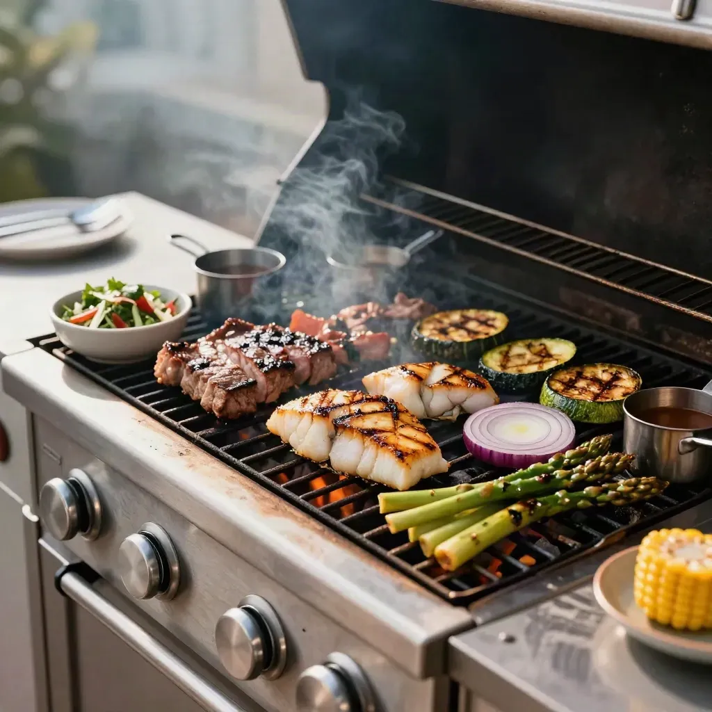 BBQ-grill met gegrilde vis, vlees, groente, salades en sauspotjes in warm daglicht.