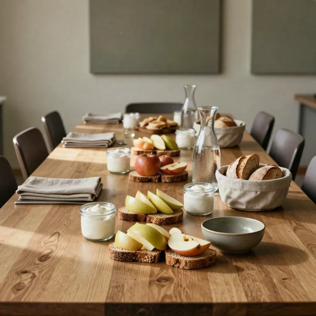 Vergaderlunch op houten tafel met sandwiches, fruit, yoghurt, broodjes en waterkarafjes.