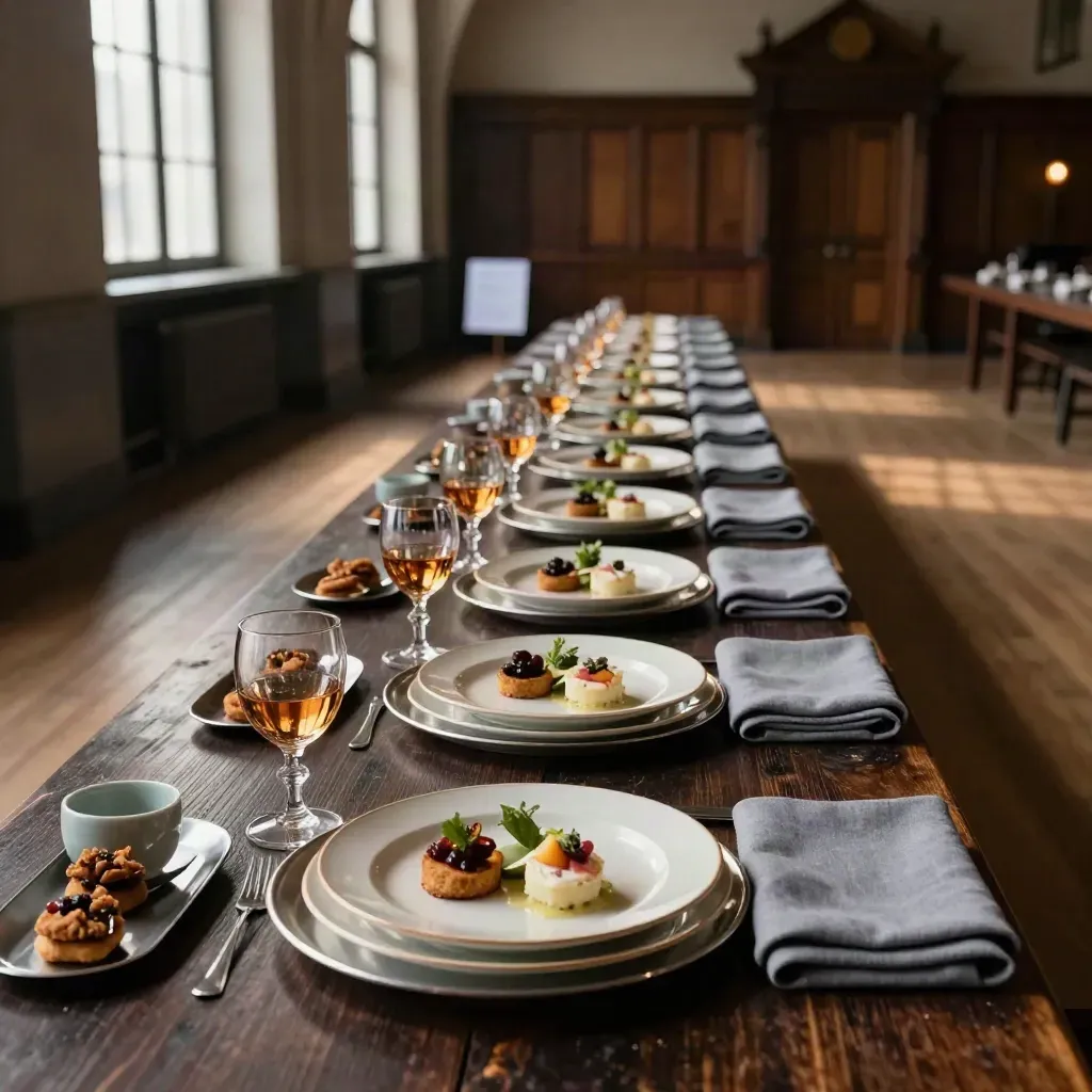 Walking dinner-pass in monumentale Haarlemse zaal met borden, glaasjes en warme avondlichtgloed