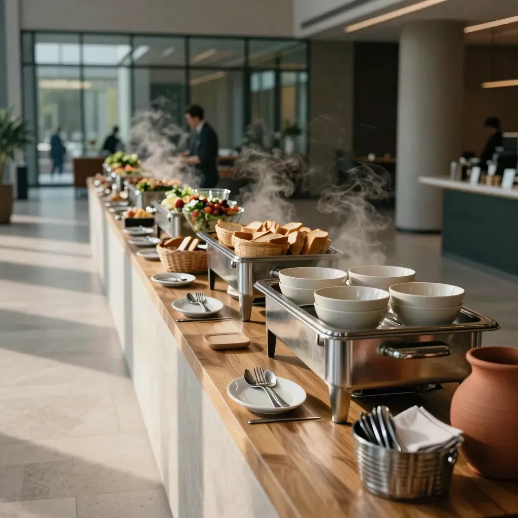 Lange buffetopstelling in een lichte kantoorfoyer met warme schalen, brood en stoom.