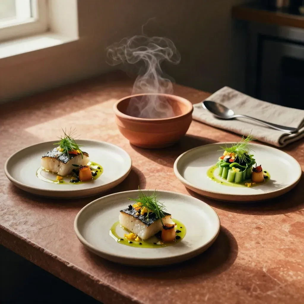 Drie gepersonaliseerde proefschaaltjes met vis, vegetarisch en dessert op terracotta steen.