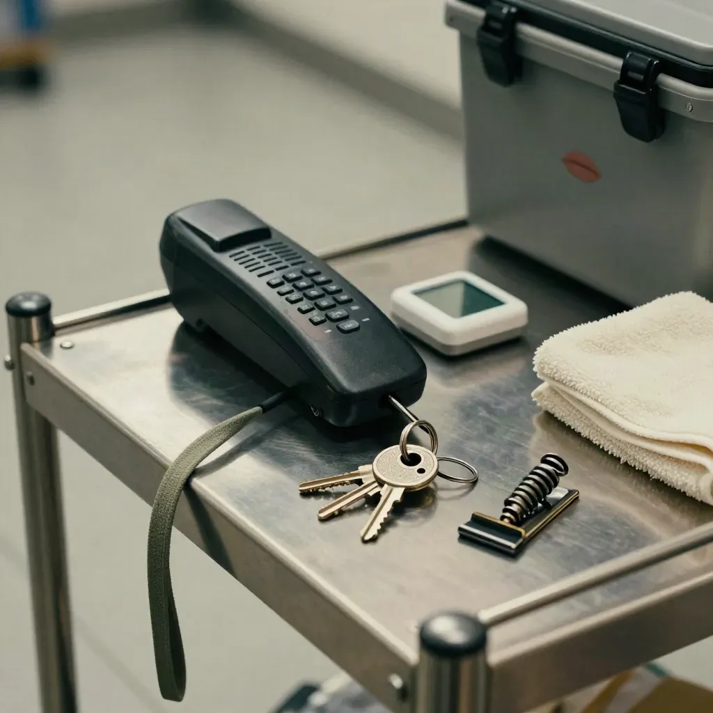 Portofoon, timer, sleutels en thermoboxclip op een stalen rolkar in koel cateringlicht.