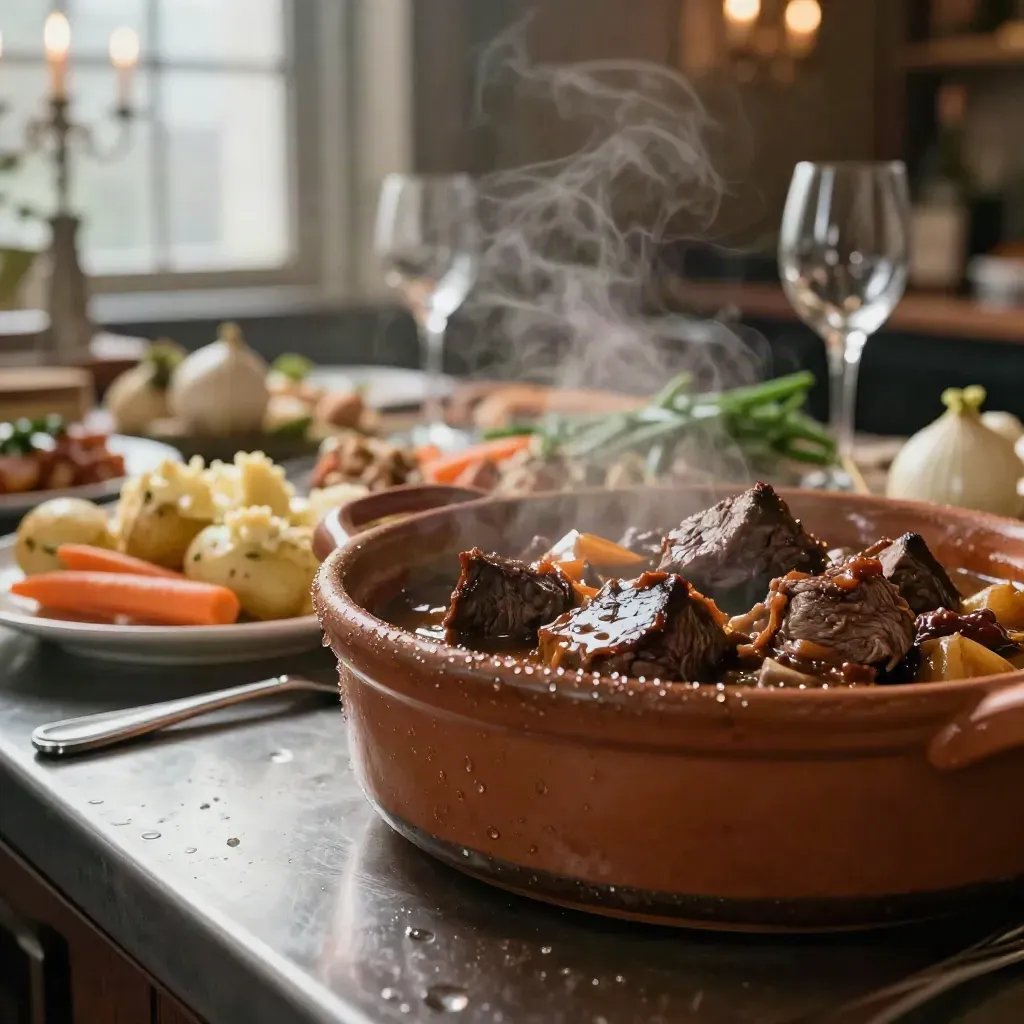 Dampende stoofschalen en glaswerk staan klaar voor het winterbuffet in een feestzaal.