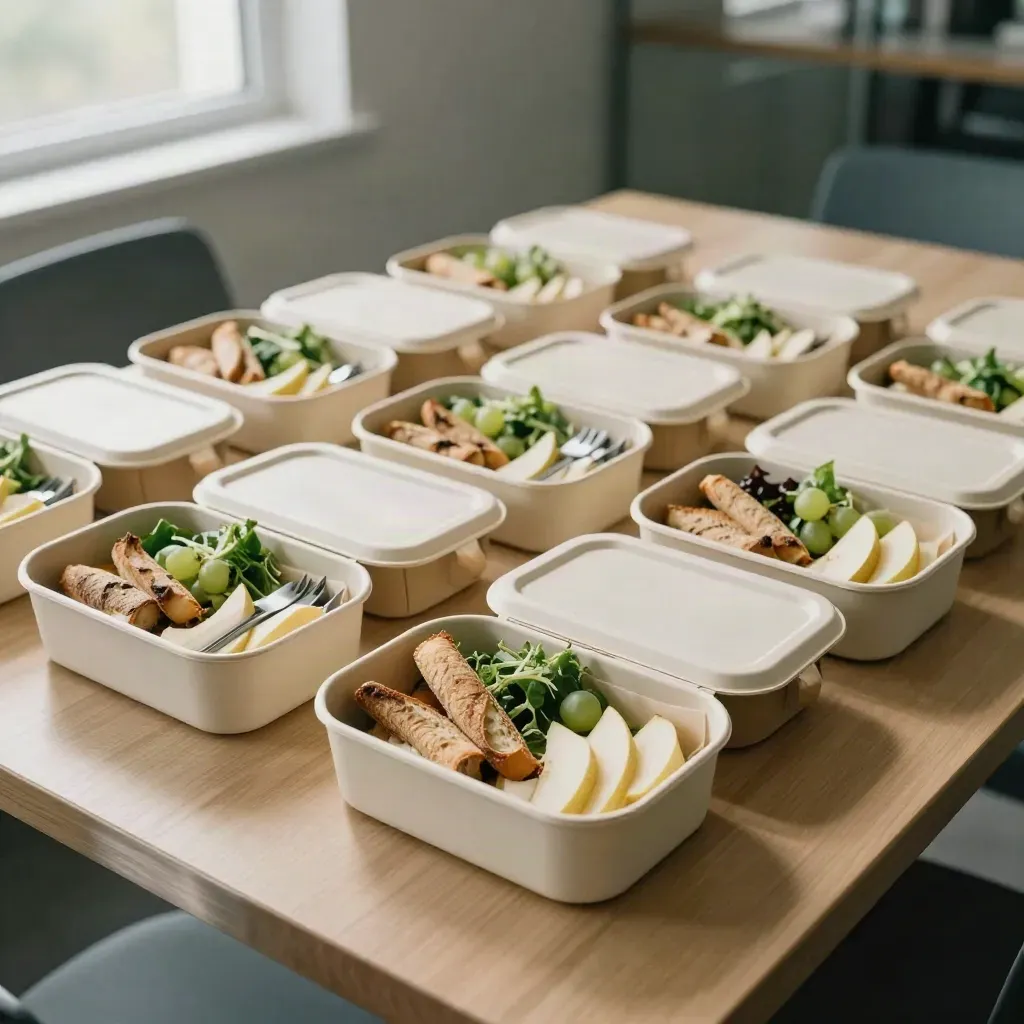 Twee dozijn lunchboxen netjes gerangschikt op een vergadertafel met fruit, brood en bestek.