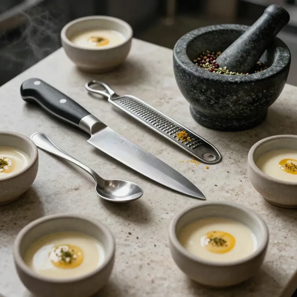 Extreme macro van een chefsmes, proefsponzen, microplane en kruidenmortier met kleine proefkommetjes op travertin.