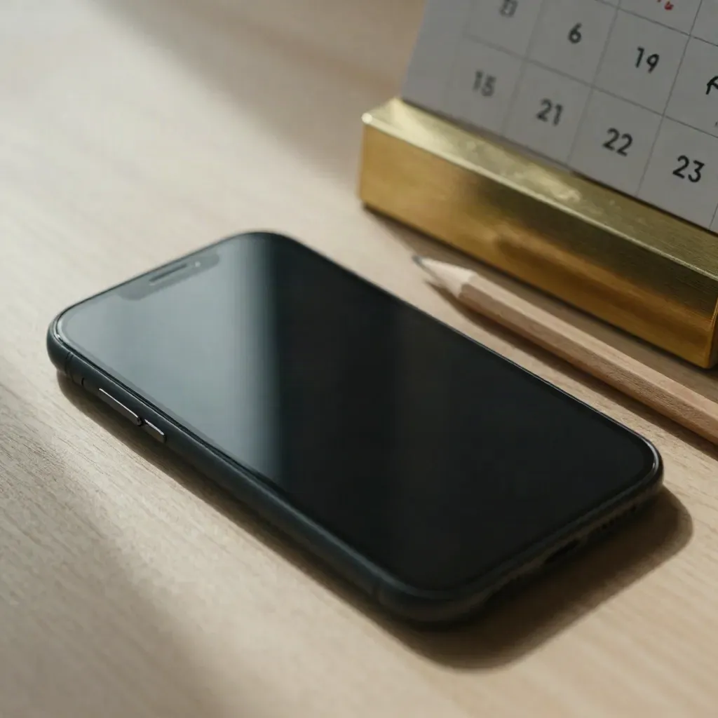 Zwarte smartphone naast messing kalenderblok en potlood op lichte houten ondergrond