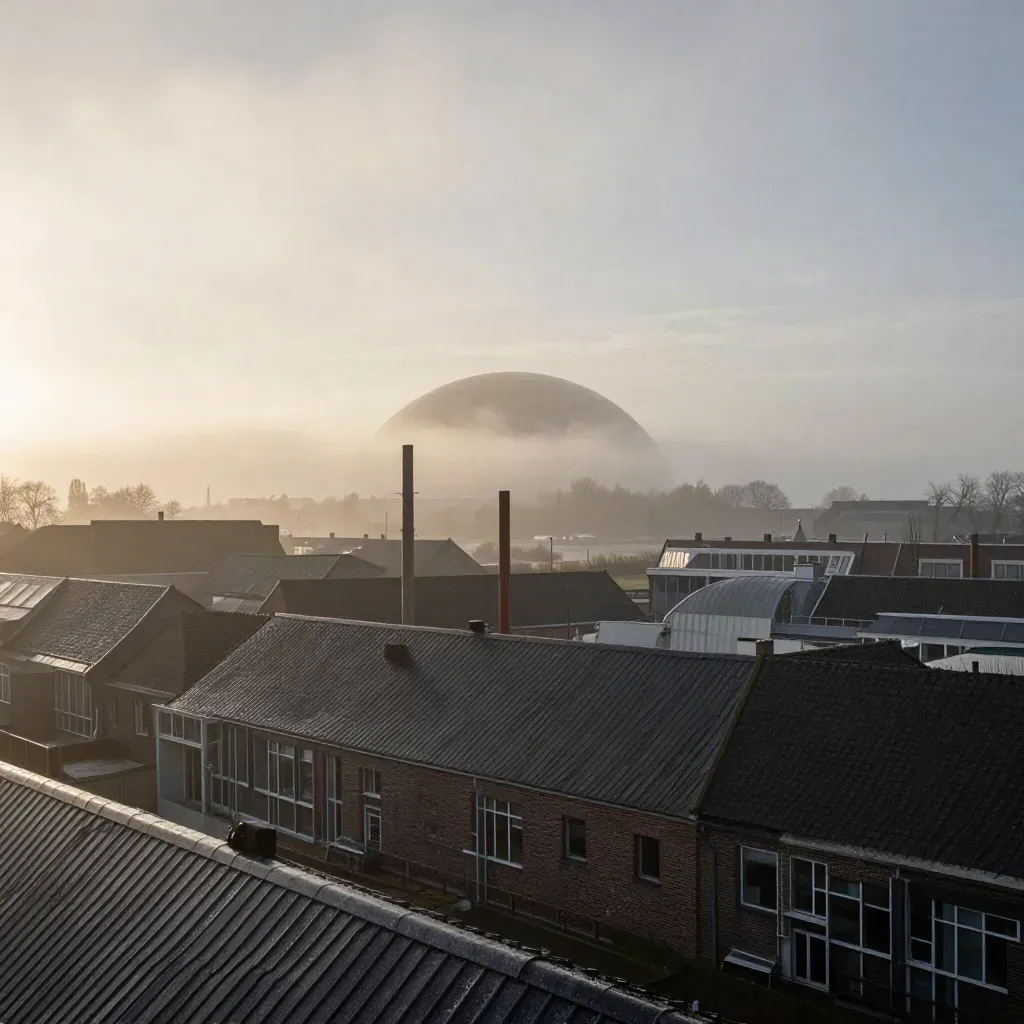 Eindhovense skyline met Strijp-S daken en de Evoluon in mistige ochtendzon.