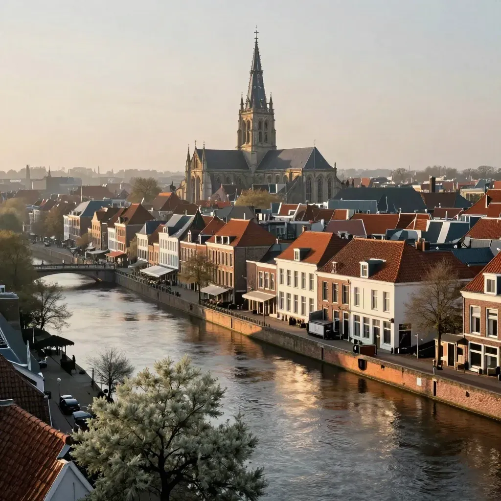 Den Bosch bij gouden uur met Sint-Jan boven de daken en de Binnendieze als glinsterende lijn.