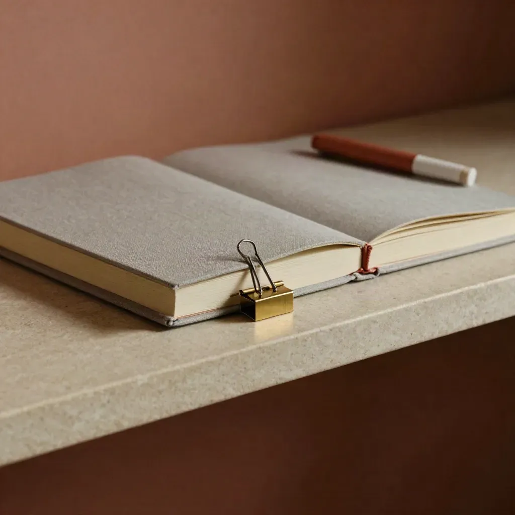 Gesloten planner met paperclip, messing datumblok en terracotta lint op een stenen shelf.