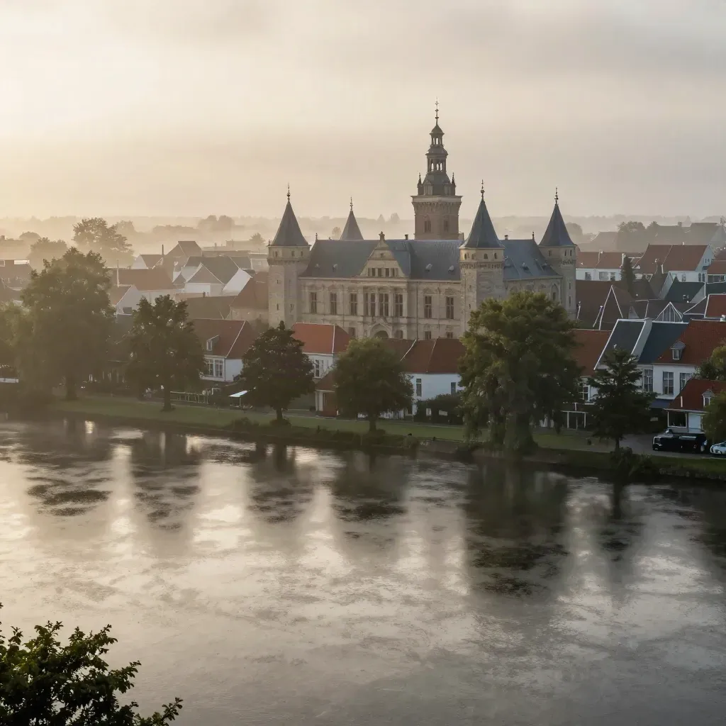 Uitzicht op kasteel van Breda boven mistige singels bij zonsopkomst na regen.