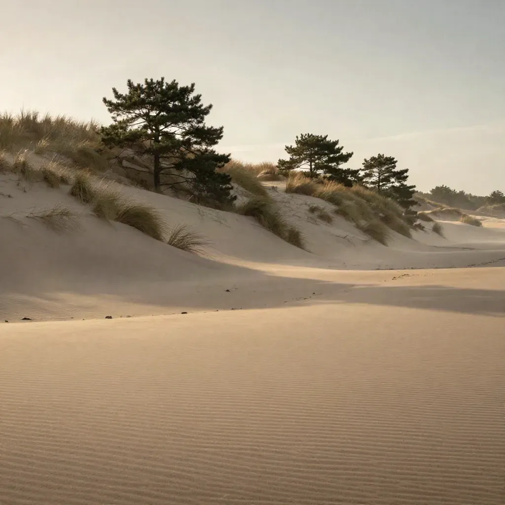Zonsondergang boven duinen en dennen bij Tilburg met zachte zandvlakte en nevel.