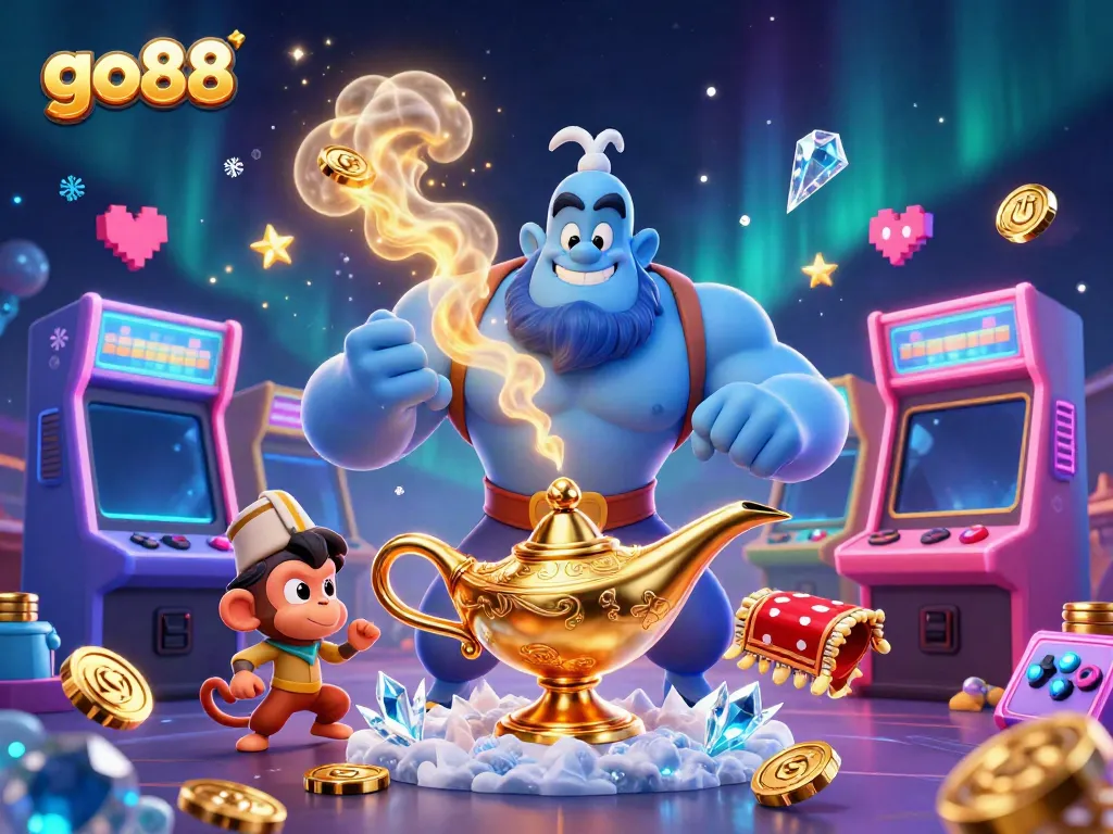 Experience the excitement of go88 featuring a genie and magic carpet amidst vibrant casino elements.