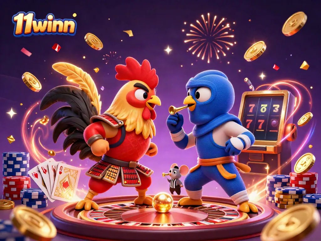 Experience thrilling action at 11winn with cartoon roosters in a dramatic standoff amidst casino elements.