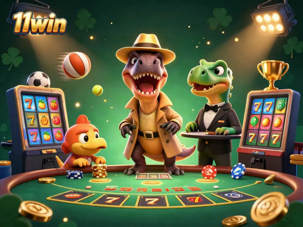 Experience thrilling blackjack action with 11win's 3D cartoon characters in vibrant casino scene.