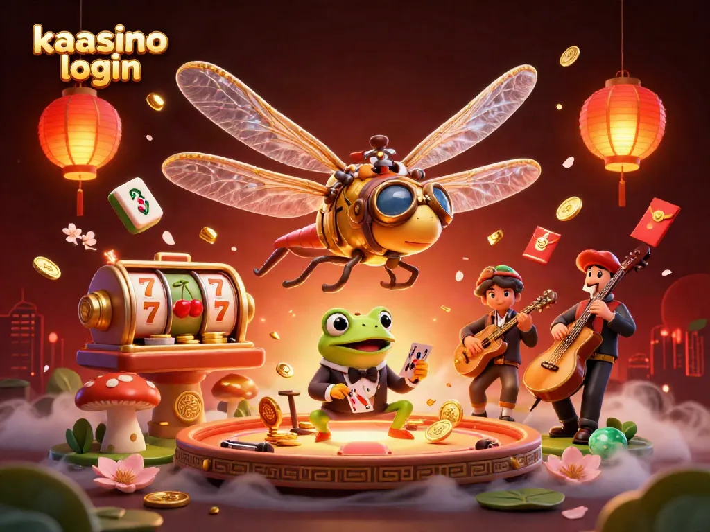 Engage with the vibrant kaasino login scene showcased by a dragonfly pilot and a frog croupier in a lively casino.