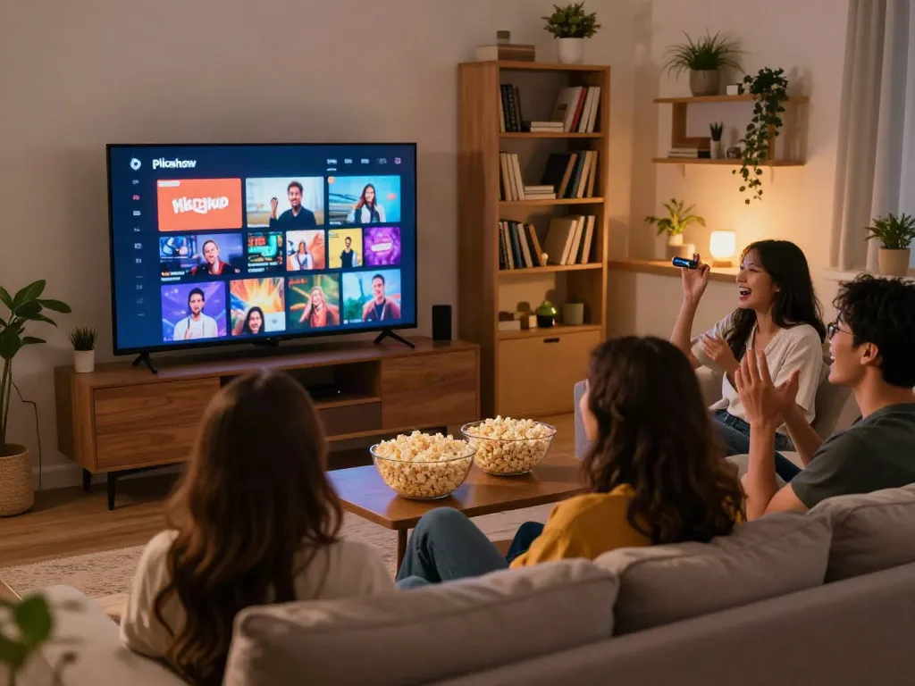 Friends streaming Pik a show movie on a cozy couch with popcorn and warm lighting.