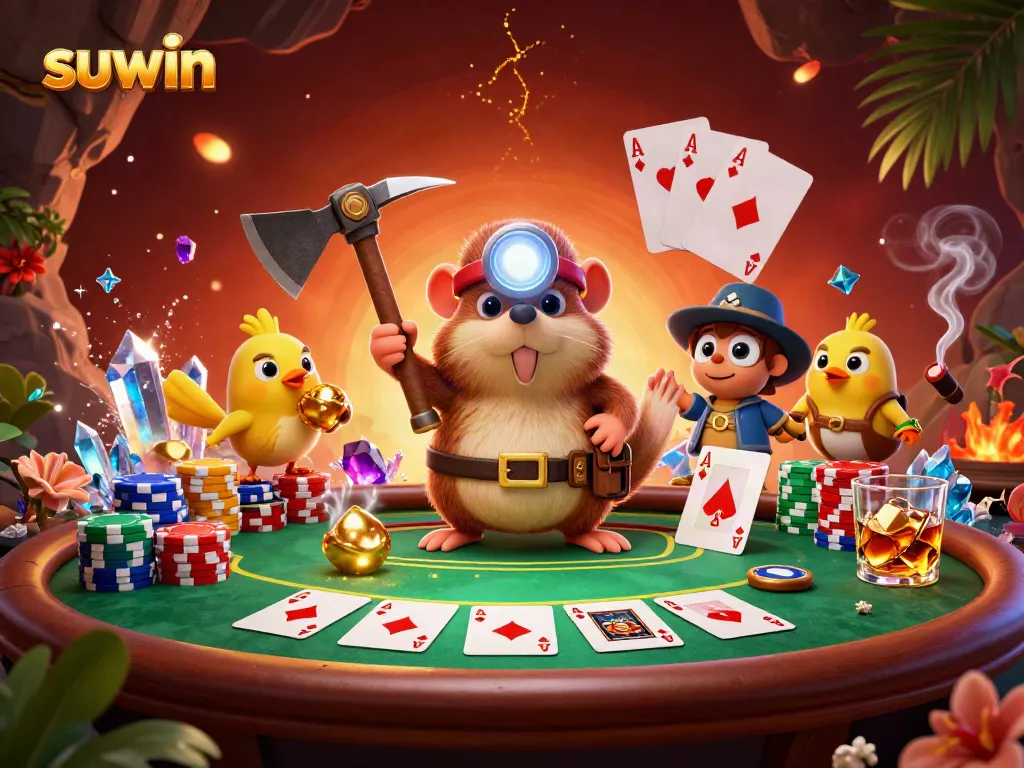 Suwin's treasure hunter mole animatedly engages at a vibrant poker table, showcasing Casino action.