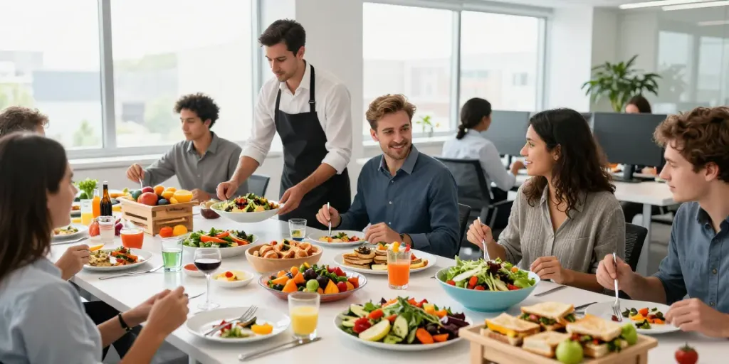 Catering voor bedrijven met mediterrane gerechten in een moderne kantooromgeving.