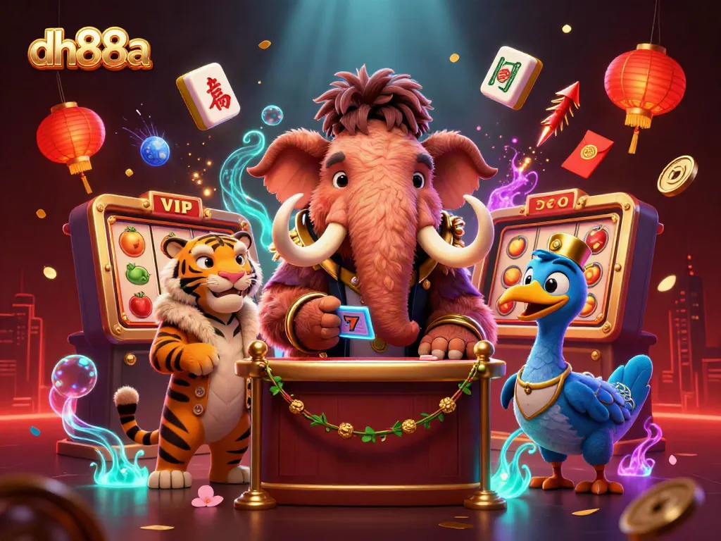 Experience excitement at dh88a with a mammoth casino bouncer and vibrant jackpot elements.