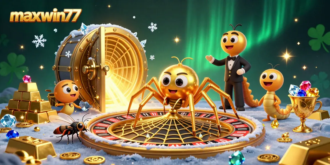 Engage with maxwin77's thrilling roulette action featuring a golden web and vibrant treasures!