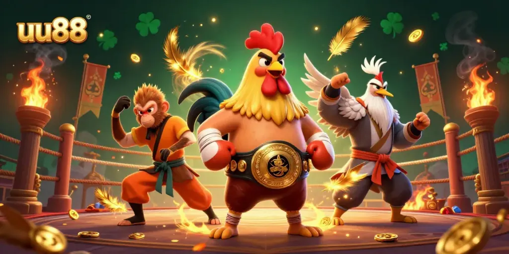 Win big with uu88 in a vibrant 3D casino world featuring martial arts champions and dynamic game elements.