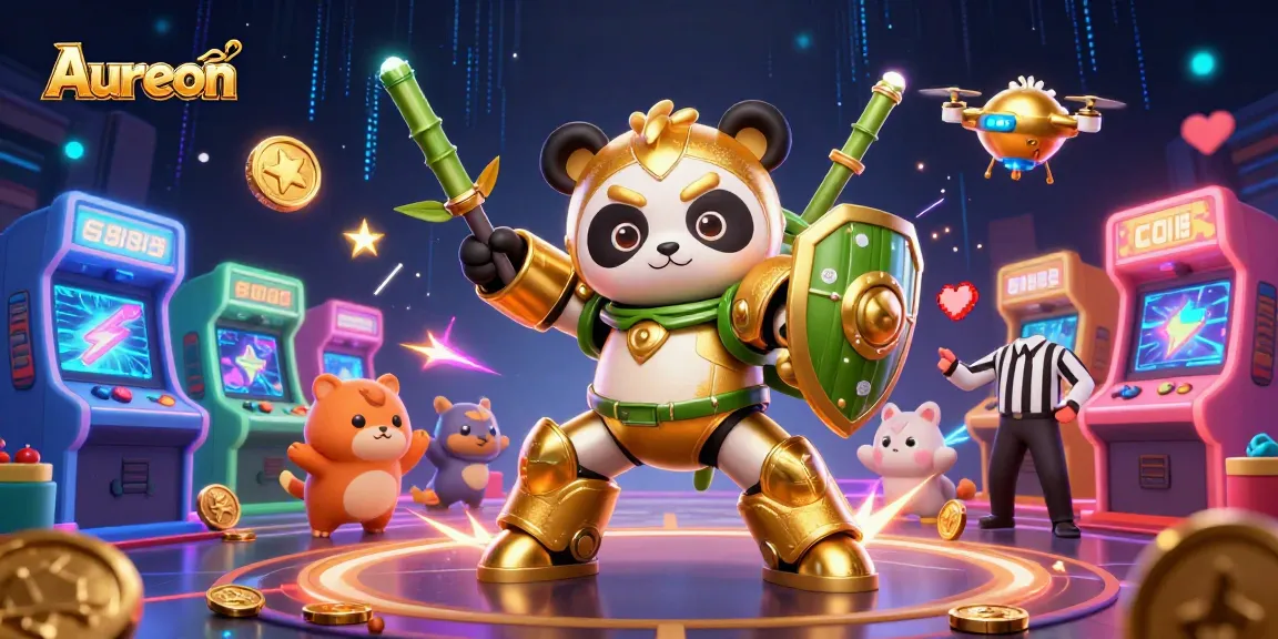 Aureon Casino features a vibrant 3D cartoon scene with colorful game elements and a mech-suit panda.