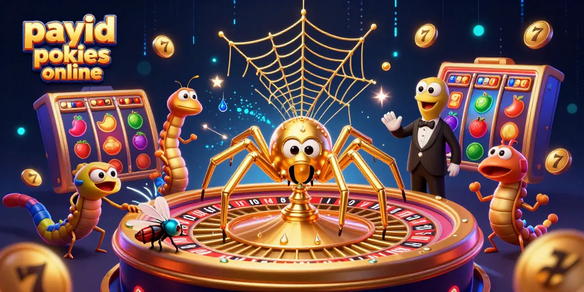 Engage with exciting payid pokies online featuring a cartoon spider, roulette wheel, and vibrant slots.