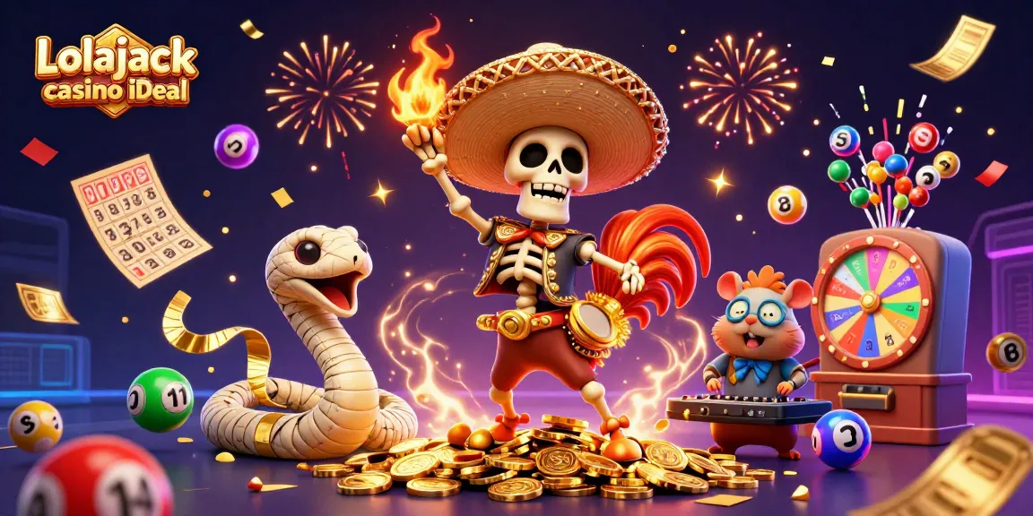 Experience thrills with Lolajack casino iDeal, featuring a lively scene of festive characters and exciting gaming elements.